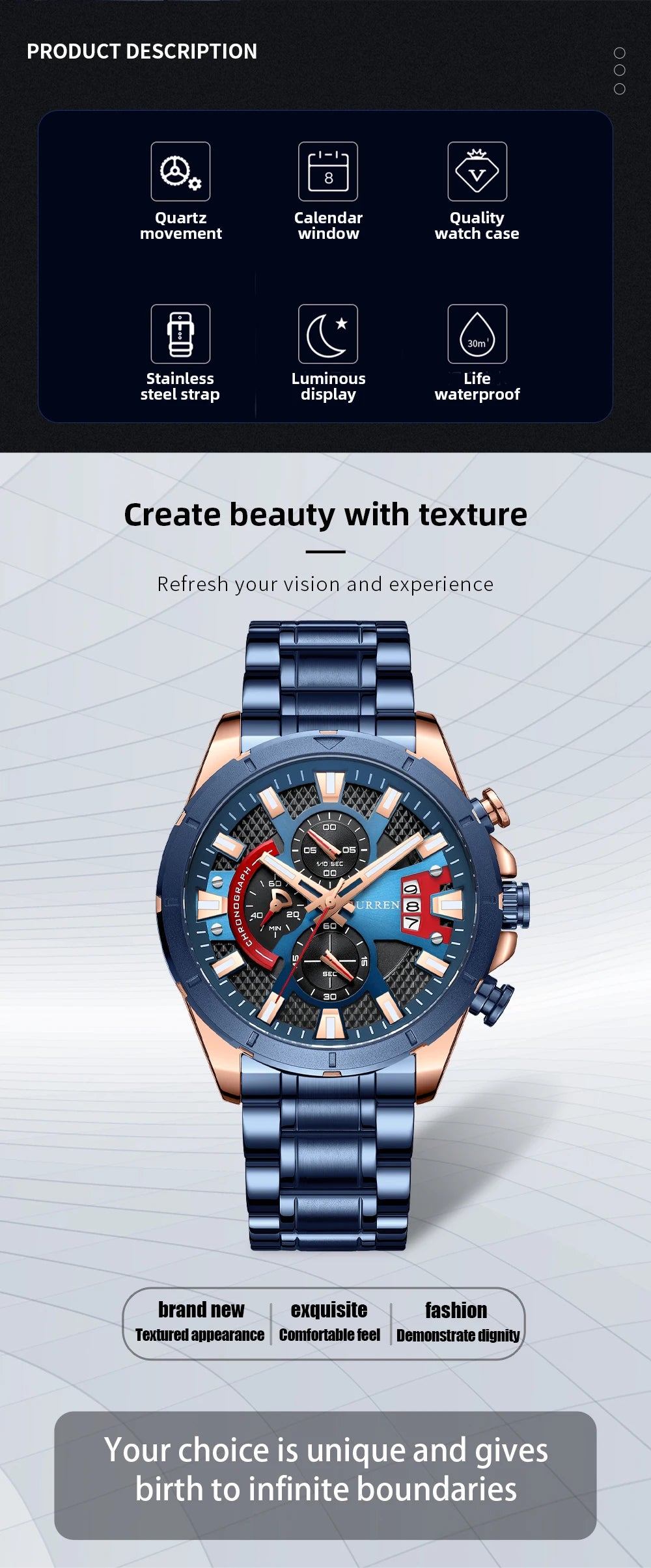 CURREN Watches Mens Top Brand Luxury Casual Steel Quartz Business Clock Male Sport Waterproof Date Chronograph reloj hombre
