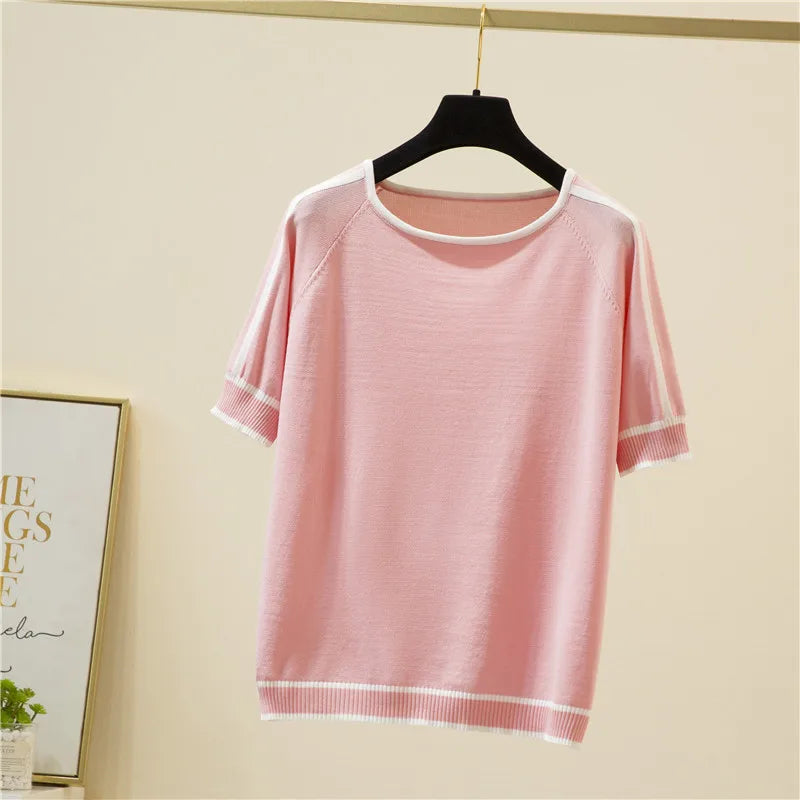Casual Thin Knitted T-Shirt Camisetas Mujer Summer Short Sleeve Tops Elegant Woman Clothes Striped Fashion Tee Shirt Femme 18841
