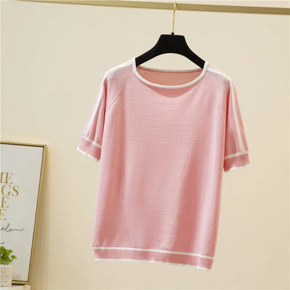 Casual Thin Knitted T-Shirt Camisetas Mujer Summer Short Sleeve Tops Elegant Woman Clothes Striped Fashion Tee Shirt Femme 18841