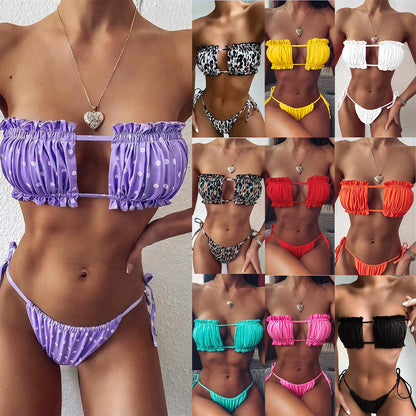 Sexy Bikini 2025 Pleated Bandeau Swimsuit Female Swimwear Women Mini Thong Bikini Set Bather Swimming Beachwear for Bathing Suit