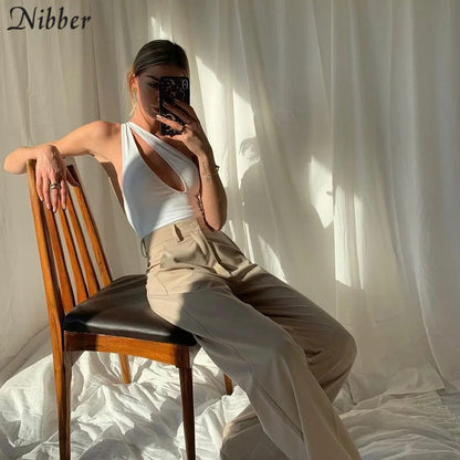 Nibber Sexy Beach Hollow Out Bodysuit 2021 Women Summer One Shoulder Elastic Slim Skinny Swimsuit Bodysuit Streetwear Outfit Hot