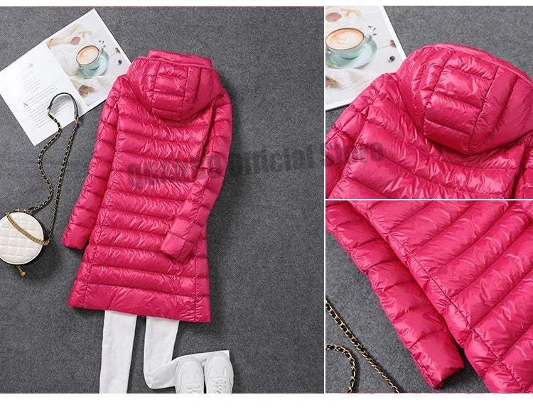 Women Ultra Lightweight Packable Long Puffer Jacket 2023 New Autumn Winter Warm Hat Detachable Hooded Female Coat Parka 5XL 7XL