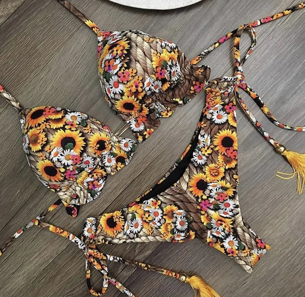 RUOTONGSEPT Sexy Micro Bikinis Set 2024 New Swimsuit Women Feather Print Bandage Swimwear Female Bathing Suit Brazilian Biquinis