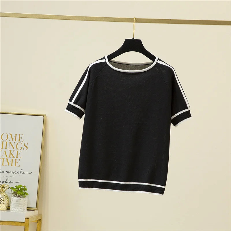 Casual Thin Knitted T-Shirt Camisetas Mujer Summer Short Sleeve Tops Elegant Woman Clothes Striped Fashion Tee Shirt Femme 18841