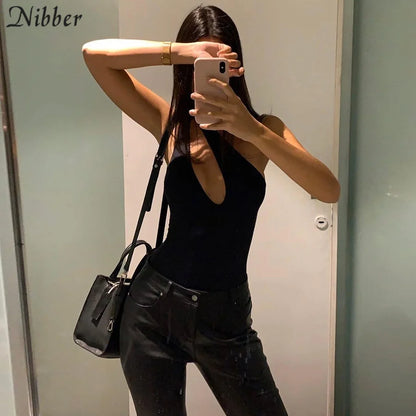 Nibber Sexy Beach Hollow Out Bodysuit 2021 Women Summer One Shoulder Elastic Slim Skinny Swimsuit Bodysuit Streetwear Outfit Hot