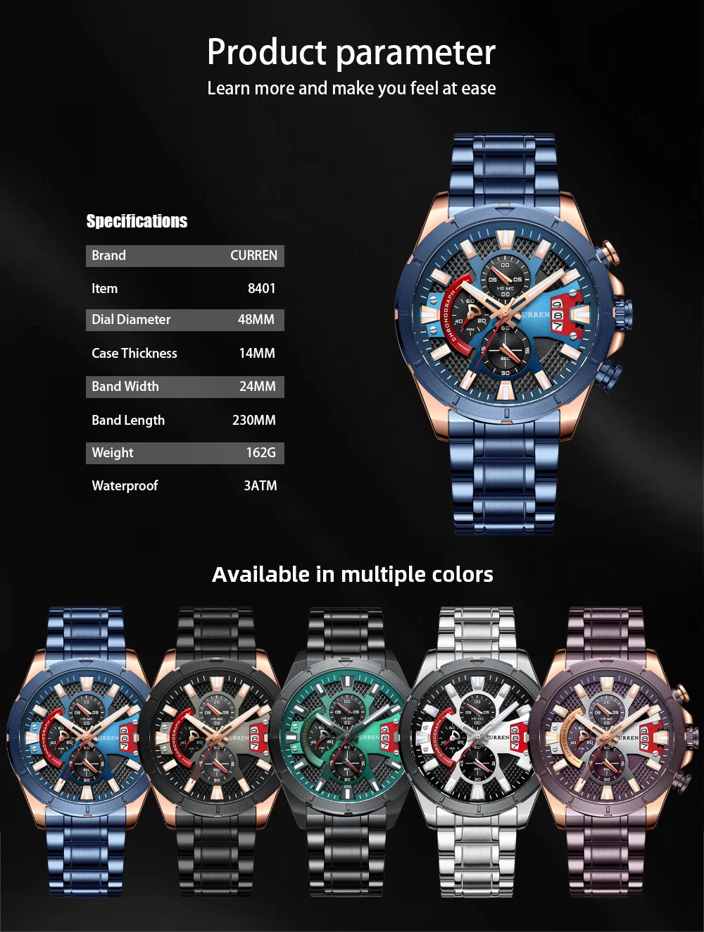 CURREN Watches Mens Top Brand Luxury Casual Steel Quartz Business Clock Male Sport Waterproof Date Chronograph reloj hombre