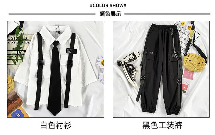 Fashion Cargo Pants Suit Female Harajuku Casual Shirt Short-Sleeved Top High Waist Loose Joggers Trousers Women Pants Streetwear