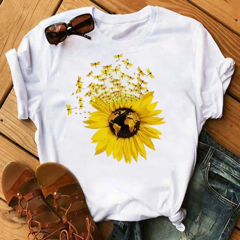 Maycaur Women's T-shirt Casual Kawaii Sunflower Butterfly Pattern Print Tshirt Comfortable Casual Women's Clothing Black Top