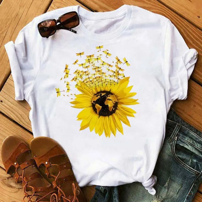 Maycaur Women's T-shirt Casual Kawaii Sunflower Butterfly Pattern Print Tshirt Comfortable Casual Women's Clothing Black Top