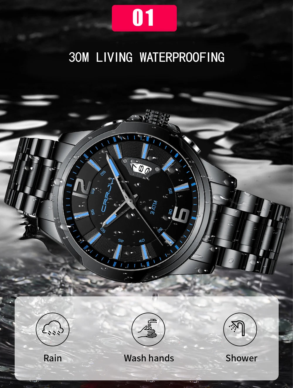 CRRJU Mens Watches Luxury Stainless Steel Business Man Watch  Classic Calendar Waterproof Quartz Watch for Men Relogio Masculino