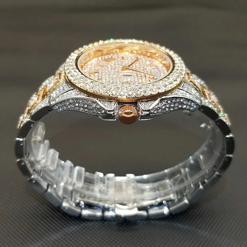 Full Iced Out Watch For Men Luxury Gold Hip Hop Diamond Quartz Mens Watches Waterproof Day Date Clock Best Selling Product 2023