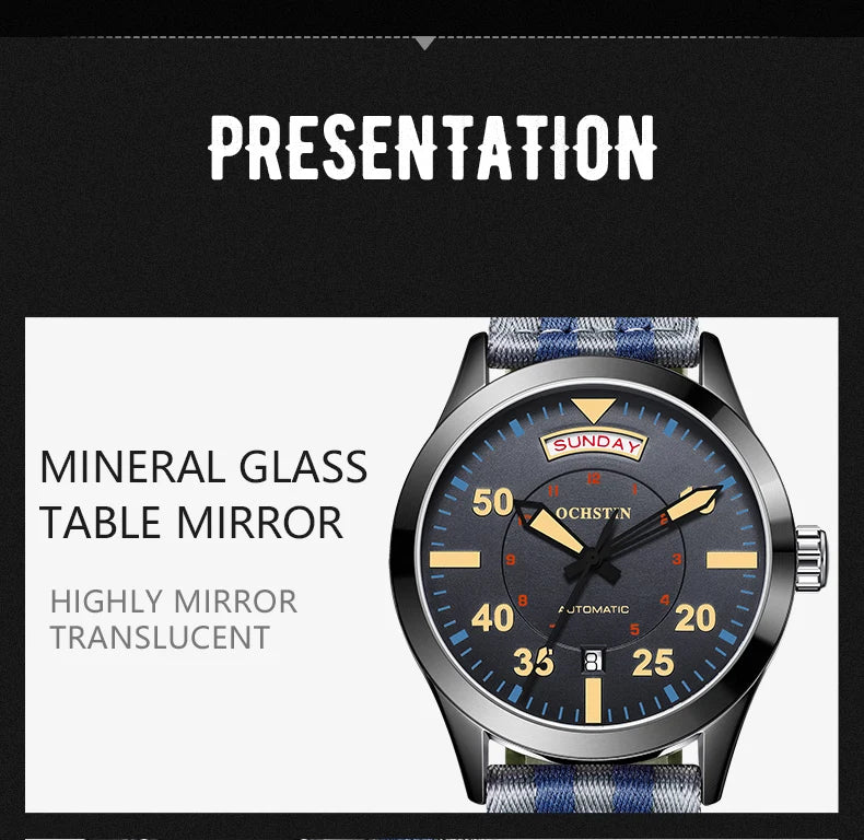 OCHSTIN New Top Brand Automatic Mechanical Watches for Men Military Nylon Strap Pilot Watch Male Auto Date Day Relogio Masculino