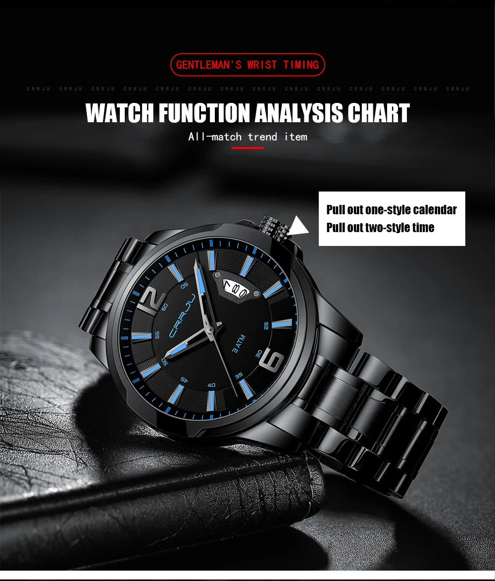 CRRJU Mens Watches Luxury Stainless Steel Business Man Watch  Classic Calendar Waterproof Quartz Watch for Men Relogio Masculino