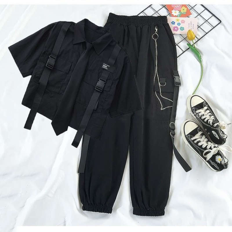 Fashion Cargo Pants Suit Female Harajuku Casual Shirt Short-Sleeved Top High Waist Loose Joggers Trousers Women Pants Streetwear
