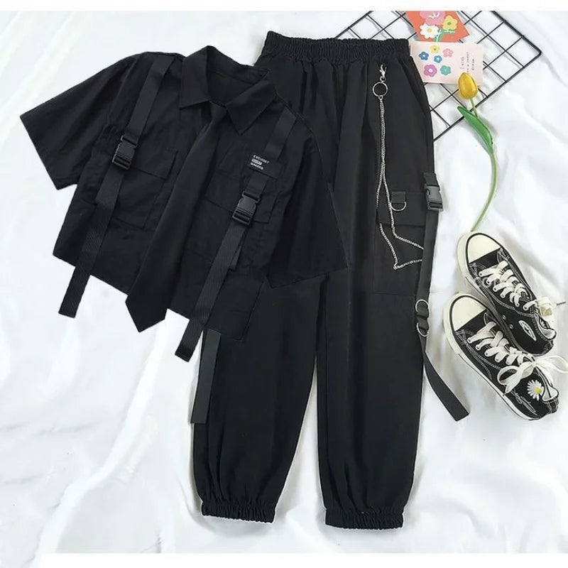 Fashion Cargo Pants Suit Female Harajuku Casual Shirt Short-Sleeved Top High Waist Loose Joggers Trousers Women Pants Streetwear