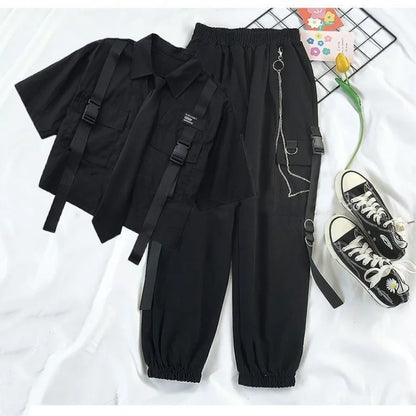 Fashion Cargo Pants Suit Female Harajuku Casual Shirt Short-Sleeved Top High Waist Loose Joggers Trousers Women Pants Streetwear