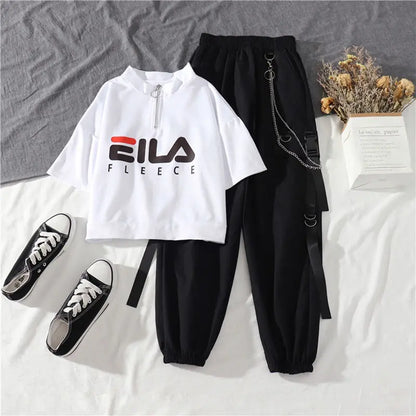 Fashion Cargo Pants Suit Female Harajuku Casual Shirt Short-Sleeved Top High Waist Loose Joggers Trousers Women Pants Streetwear