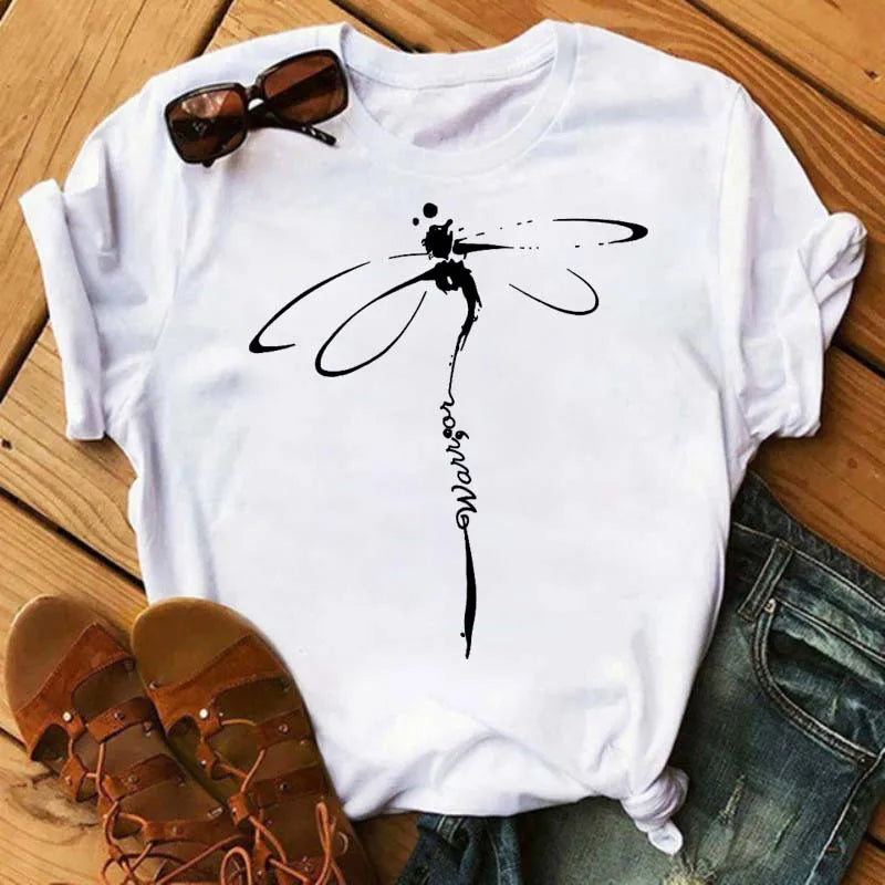 Maycaur Women's T-shirt Casual Kawaii Sunflower Butterfly Pattern Print Tshirt Comfortable Casual Women's Clothing Black Top