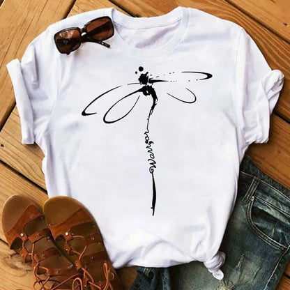 Maycaur Women's T-shirt Casual Kawaii Sunflower Butterfly Pattern Print Tshirt Comfortable Casual Women's Clothing Black Top