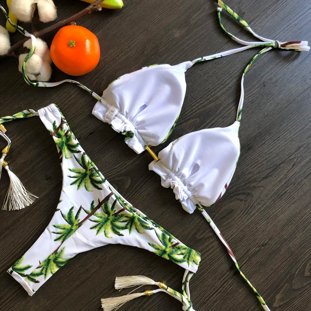 RUOTONGSEPT Sexy Micro Bikinis Set 2024 New Swimsuit Women Feather Print Bandage Swimwear Female Bathing Suit Brazilian Biquinis