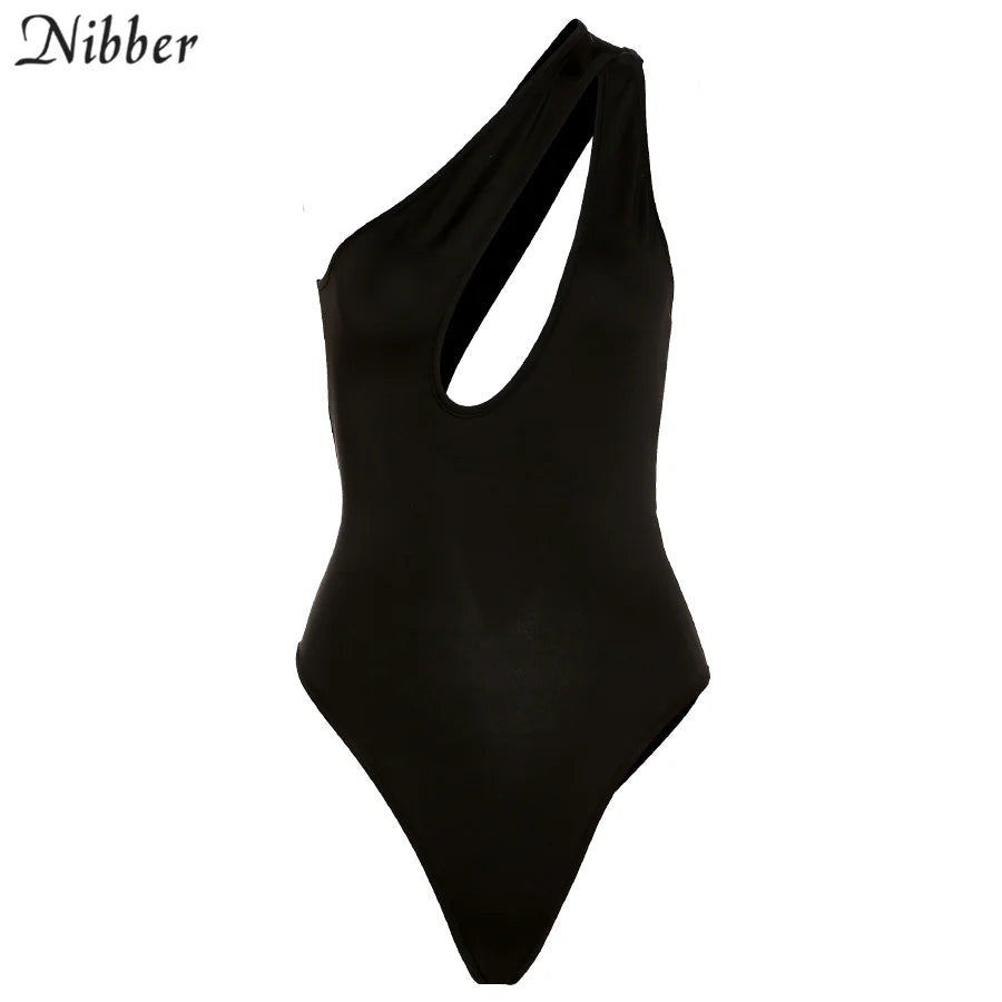 Nibber Sexy Beach Hollow Out Bodysuit 2021 Women Summer One Shoulder Elastic Slim Skinny Swimsuit Bodysuit Streetwear Outfit Hot