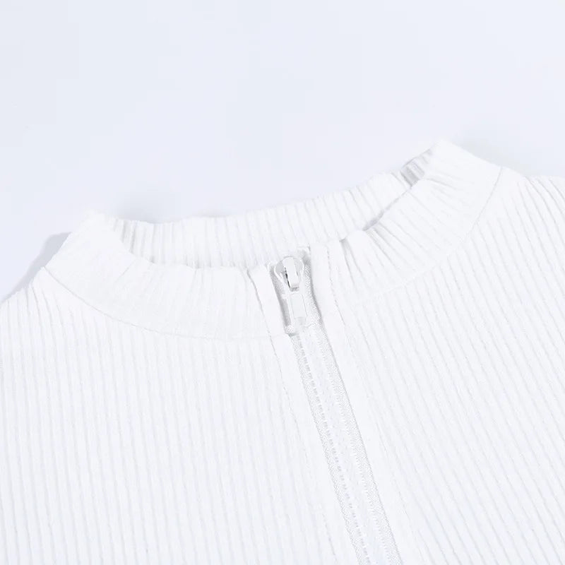 New Fashion Slim Fit Zipper T-shirt Women Female Bustier Corset Tops High Neck Women Crop Top Tee Solid Shirt White