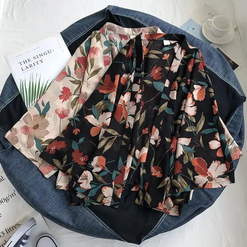 summer Chiffon Cover-ups ladies floral shirts blouses bohemia scarfs Beach Wear Kimono Dress For Women Swimsuit
