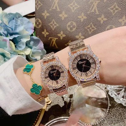2019 Fashion Top Brand Luxury Fully Diamond Women Watches Quartz Waterproof Stainless Steel Roman Face Wrist Watches For Women