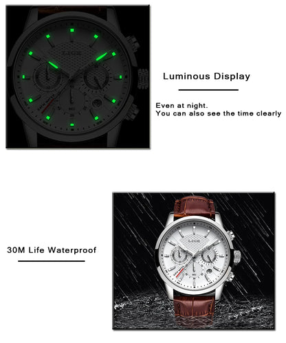 LIGE Mens Watches Luxury Waterproof Sport Man Watch Chronograph Military Genuine Leather Men Quartz Wristwatch Relogio Masculino