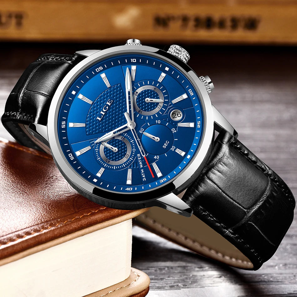 LIGE Mens Watches Luxury Waterproof Sport Man Watch Chronograph Military Genuine Leather Men Quartz Wristwatch Relogio Masculino
