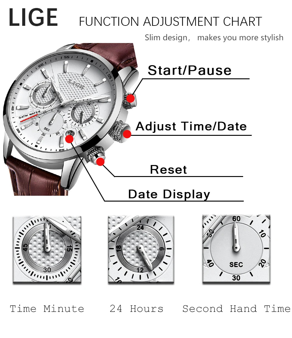 LIGE Mens Watches Luxury Waterproof Sport Man Watch Chronograph Military Genuine Leather Men Quartz Wristwatch Relogio Masculino