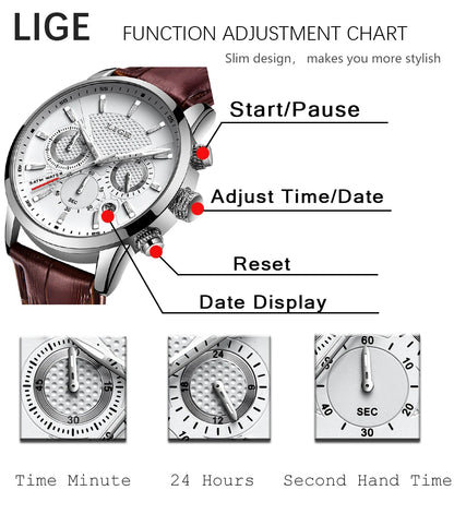 LIGE Mens Watches Luxury Waterproof Sport Man Watch Chronograph Military Genuine Leather Men Quartz Wristwatch Relogio Masculino