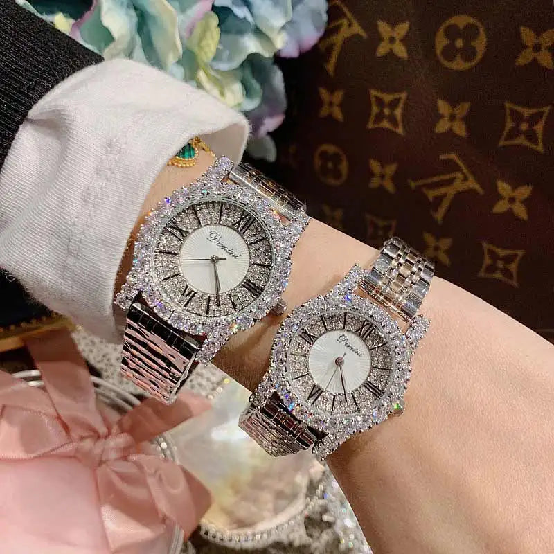 2019 Fashion Top Brand Luxury Fully Diamond Women Watches Quartz Waterproof Stainless Steel Roman Face Wrist Watches For Women