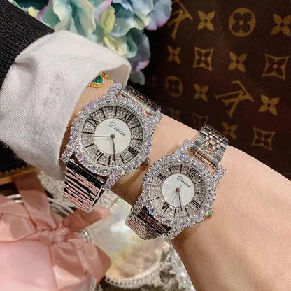 2019 Fashion Top Brand Luxury Fully Diamond Women Watches Quartz Waterproof Stainless Steel Roman Face Wrist Watches For Women