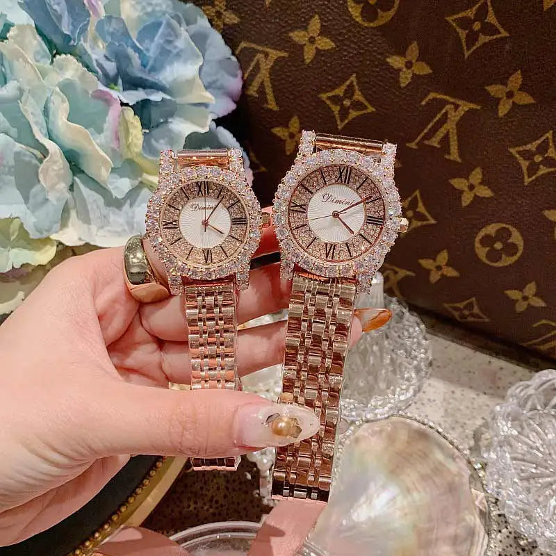 2019 Fashion Top Brand Luxury Fully Diamond Women Watches Quartz Waterproof Stainless Steel Roman Face Wrist Watches For Women