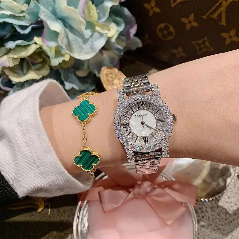 2019 Fashion Top Brand Luxury Fully Diamond Women Watches Quartz Waterproof Stainless Steel Roman Face Wrist Watches For Women