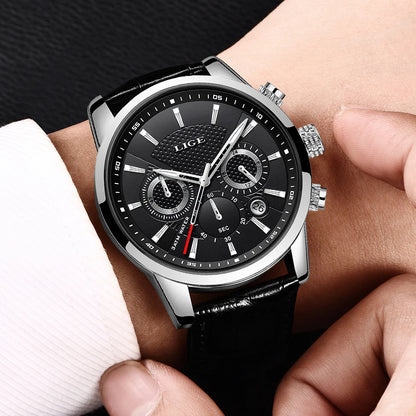 LIGE Mens Watches Luxury Waterproof Sport Man Watch Chronograph Military Genuine Leather Men Quartz Wristwatch Relogio Masculino