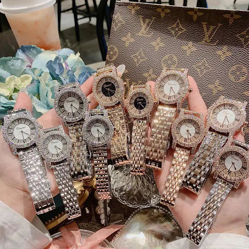 2019 Fashion Top Brand Luxury Fully Diamond Women Watches Quartz Waterproof Stainless Steel Roman Face Wrist Watches For Women