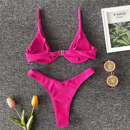 Sexy Neon V-bar Underwired Bikini 2025 Female Ribbed Swimsuit Women Thong Swimwear Two-pieces Bikini set Push up Bathing Suit