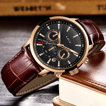 LIGE Mens Watches Luxury Waterproof Sport Man Watch Chronograph Military Genuine Leather Men Quartz Wristwatch Relogio Masculino