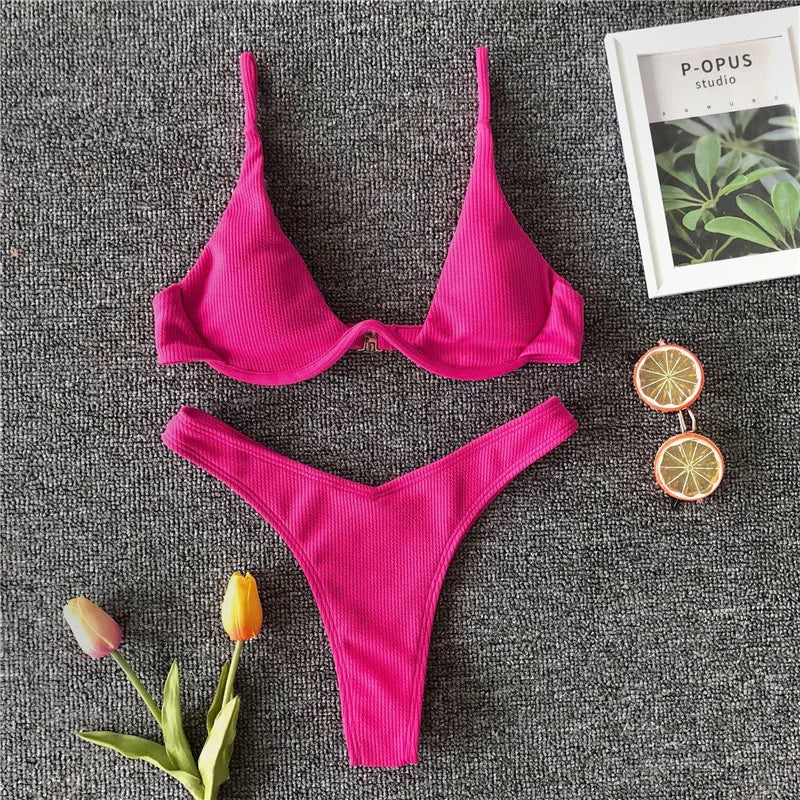 Sexy Neon V-bar Underwired Bikini 2025 Female Ribbed Swimsuit Women Thong Swimwear Two-pieces Bikini set Push up Bathing Suit