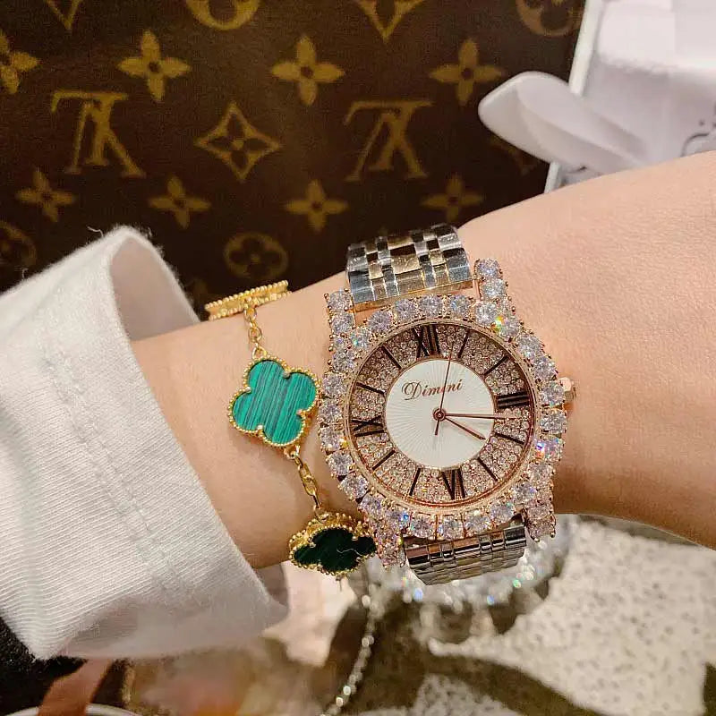 2019 Fashion Top Brand Luxury Fully Diamond Women Watches Quartz Waterproof Stainless Steel Roman Face Wrist Watches For Women