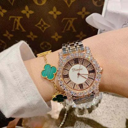 2019 Fashion Top Brand Luxury Fully Diamond Women Watches Quartz Waterproof Stainless Steel Roman Face Wrist Watches For Women