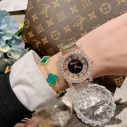2019 Fashion Top Brand Luxury Fully Diamond Women Watches Quartz Waterproof Stainless Steel Roman Face Wrist Watches For Women