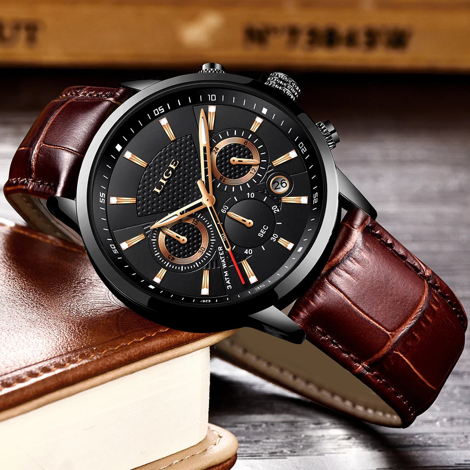 LIGE Mens Watches Luxury Waterproof Sport Man Watch Chronograph Military Genuine Leather Men Quartz Wristwatch Relogio Masculino