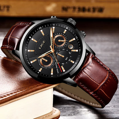 LIGE Mens Watches Luxury Waterproof Sport Man Watch Chronograph Military Genuine Leather Men Quartz Wristwatch Relogio Masculino