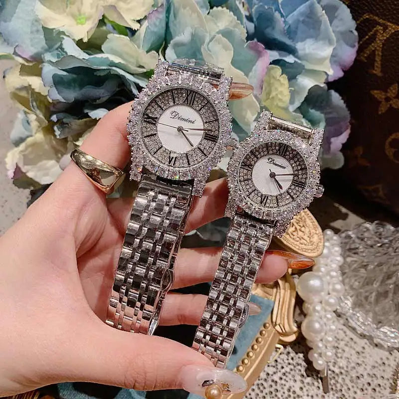 2019 Fashion Top Brand Luxury Fully Diamond Women Watches Quartz Waterproof Stainless Steel Roman Face Wrist Watches For Women