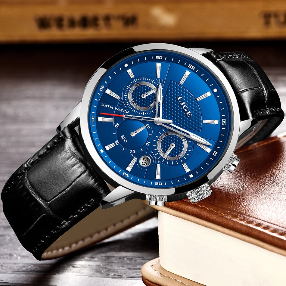 LIGE Mens Watches Luxury Waterproof Sport Man Watch Chronograph Military Genuine Leather Men Quartz Wristwatch Relogio Masculino