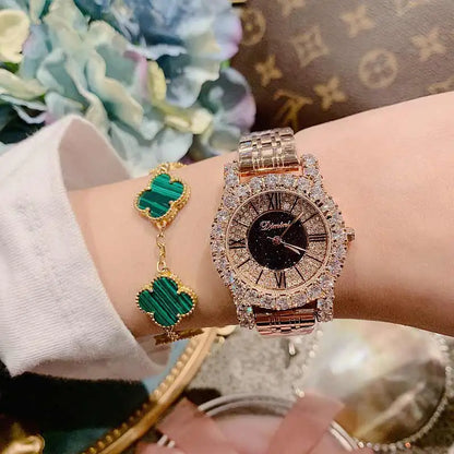 2019 Fashion Top Brand Luxury Fully Diamond Women Watches Quartz Waterproof Stainless Steel Roman Face Wrist Watches For Women