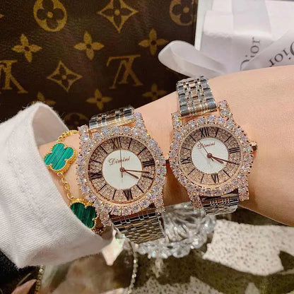 2019 Fashion Top Brand Luxury Fully Diamond Women Watches Quartz Waterproof Stainless Steel Roman Face Wrist Watches For Women